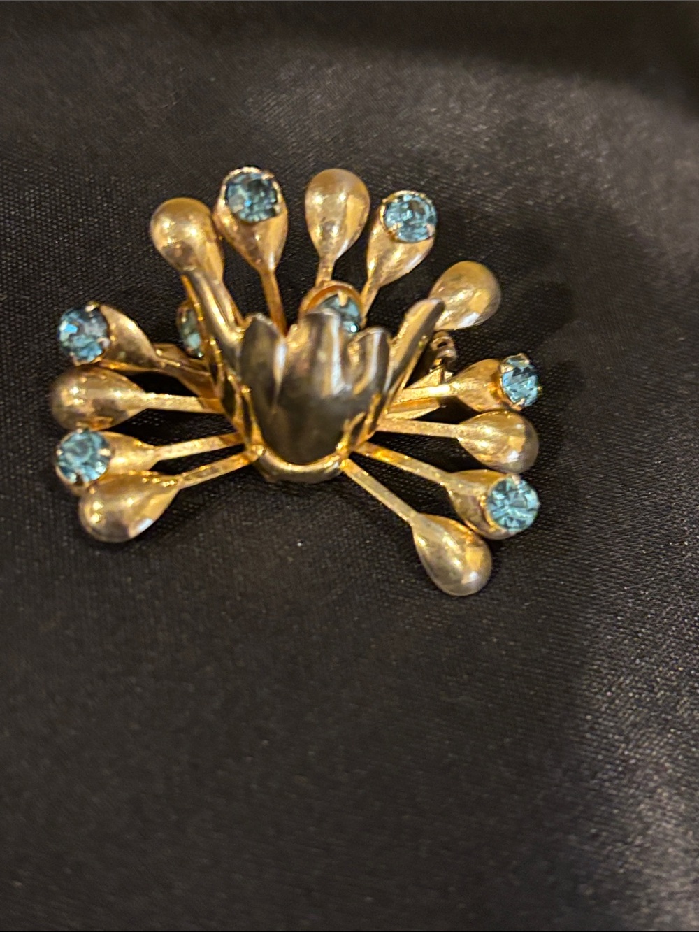 Gold Floral Brooch with Blue Crystal Accents - Women Jewelry